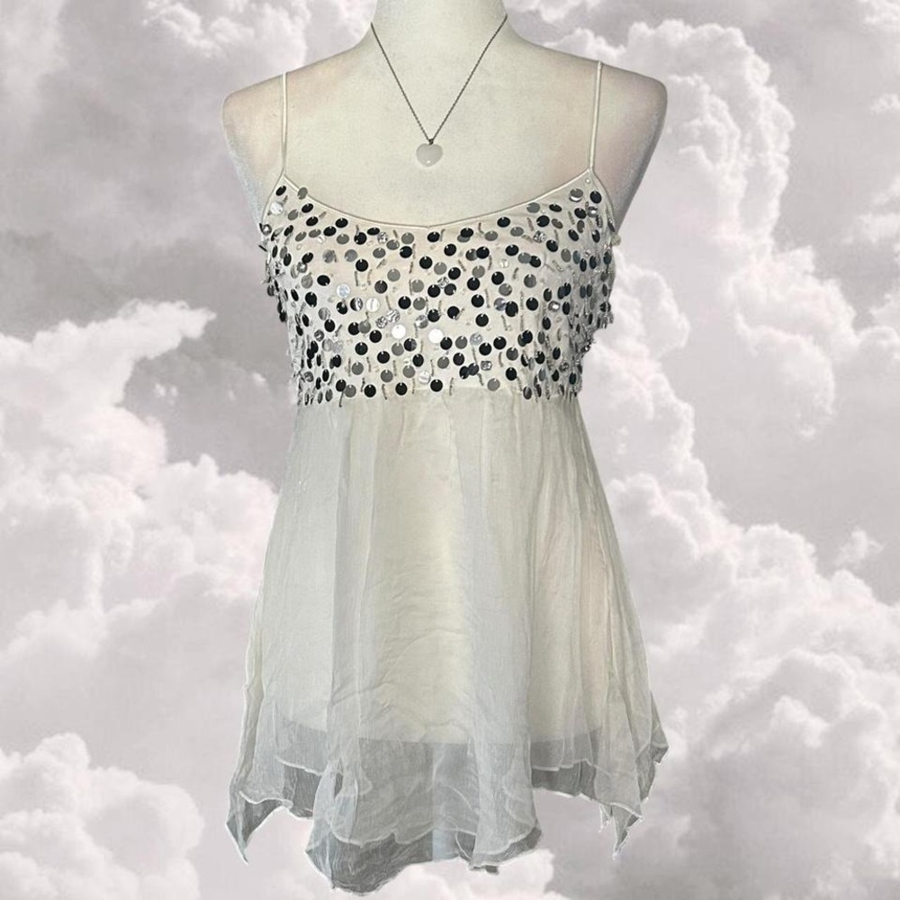 Y2K beaded sequin empire waist white chiffon tank top women size L